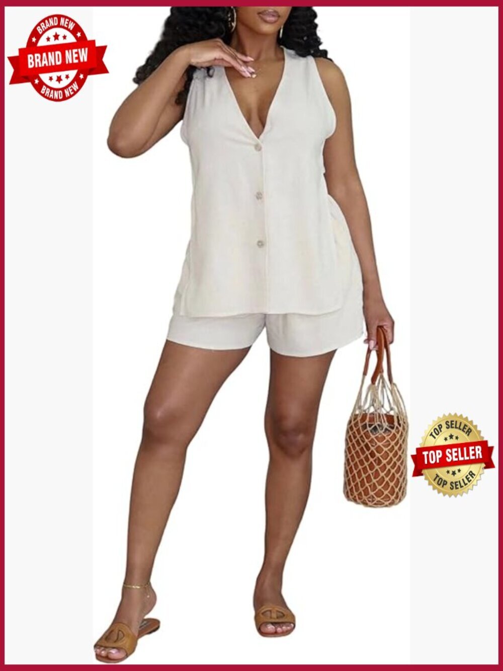 Linen Short Sets 2 Piece Outfits Summer Slit Vest Top Shorts Set Lounge